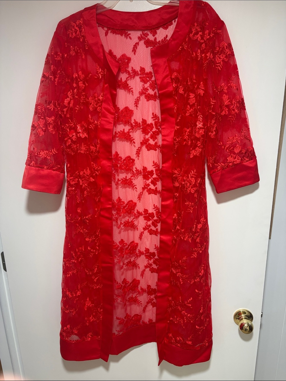 NWOT- Red Sheer Embroidered Long Robe/ Robe